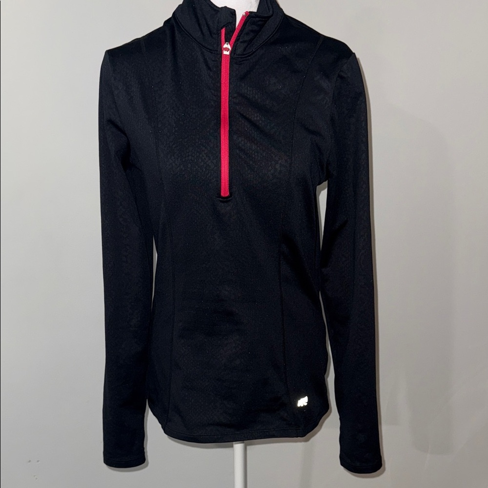 Marika Quarter Zip Black Hoodie with Vibrant Pink Accent Sz Medium